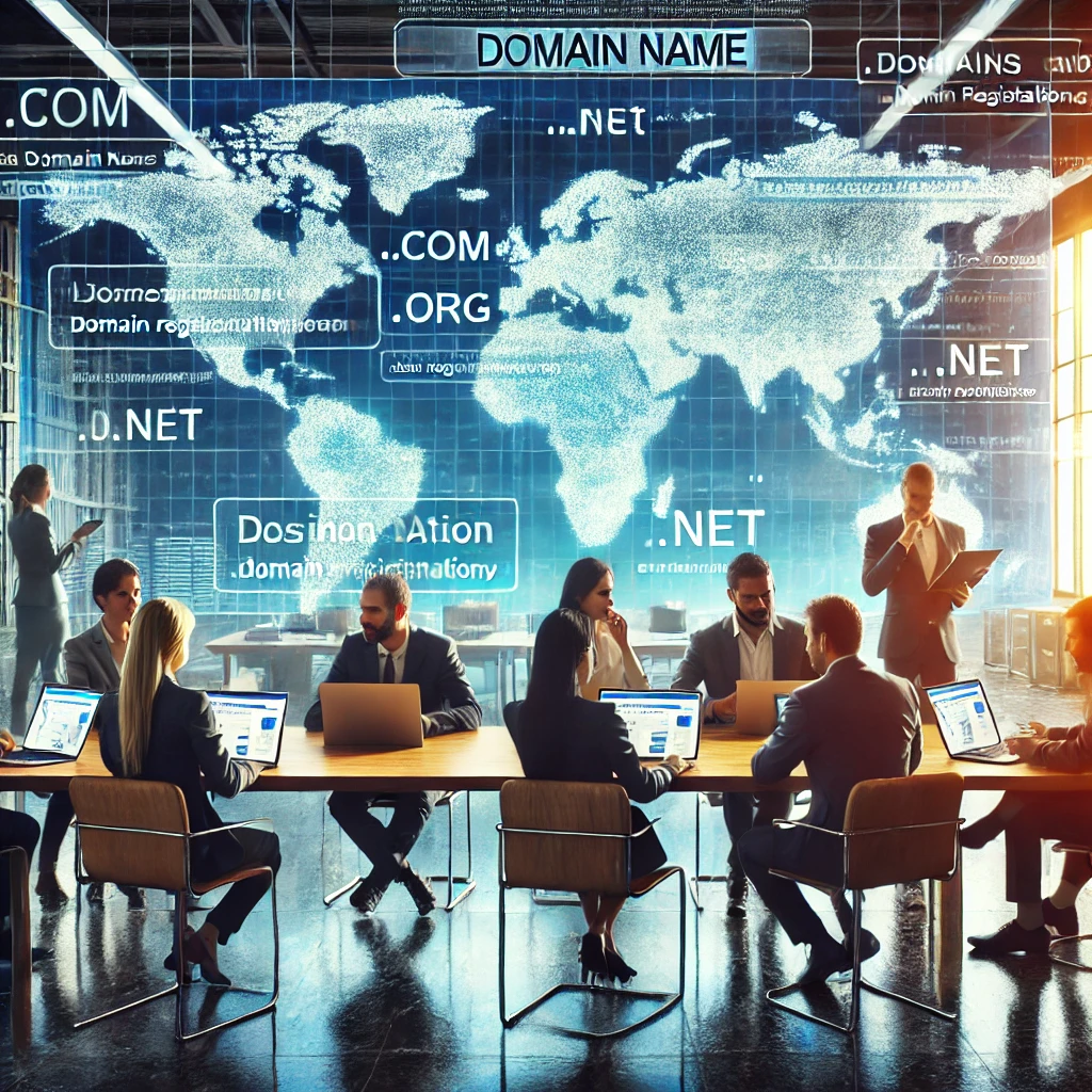 DALL·E-2024-12-13-23.10.16-A-realistic-depiction-of-the-domain-name-industry-and-the-opportunities-it-provides.-The-scene-features-a-modern-office-environment-with-diverse-profe The Evolution of Internet Domains: From the .com Boom to Today's Opportunities