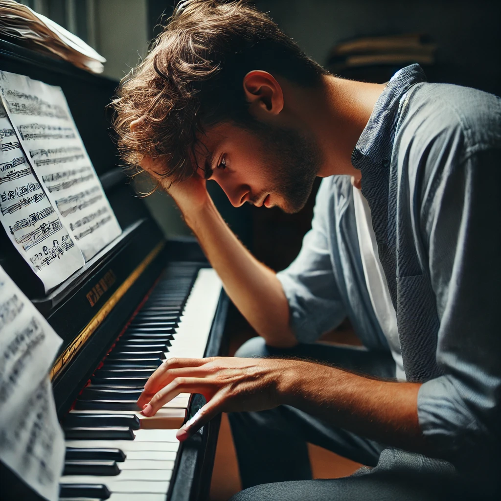 DALL·E-2025-03-27-23.52.51-A-frustrated-young-man-sitting-at-a-piano-struggling-to-play.-His-hands-are-on-the-keys-but-he-looks-overwhelmed-with-messy-sheet-music-scattered-a Piano for All Review: The Ultimate Hack for Lazy Pianists